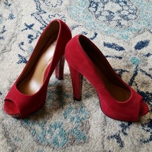 suede and patent leather heels